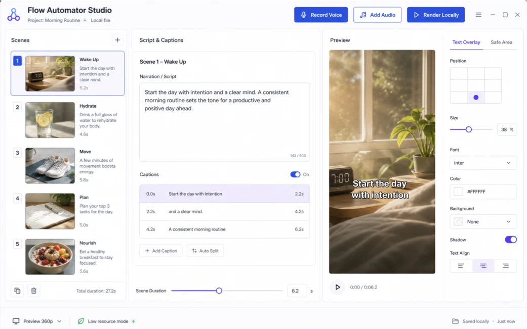 GFA Studio scene list, narration editor, video preview and text controls