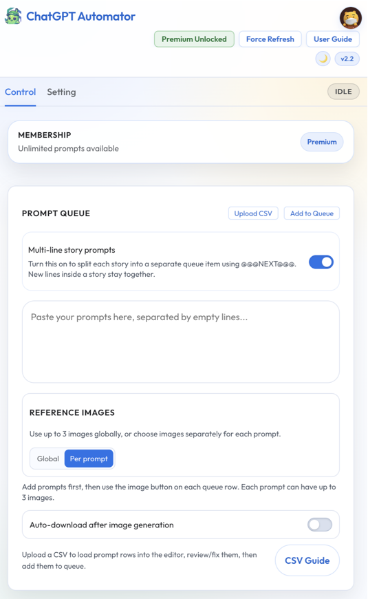 ChatGPT Automator prompt queue panel