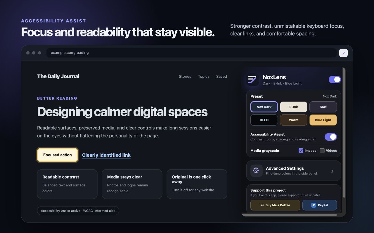 NoxLens Accessibility Assist showing clear focus and readable links