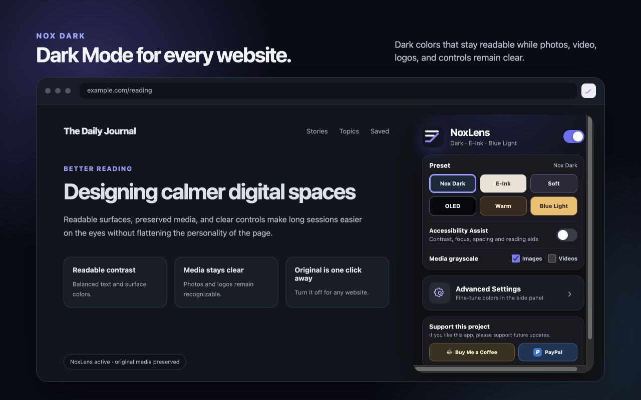NoxLens applying Nox Dark mode with its popup open